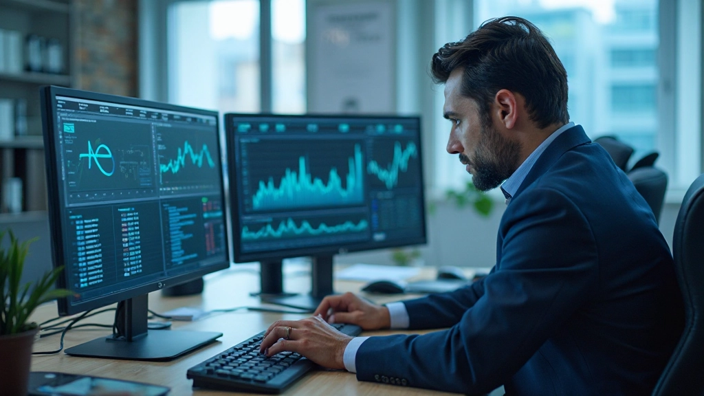 Профессиональный аналитик работает с данными и диаграммами на компьютере в современном офисе