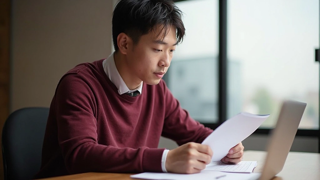 Человек читает документ с сосредоточенным выражением лица за деревянным столом