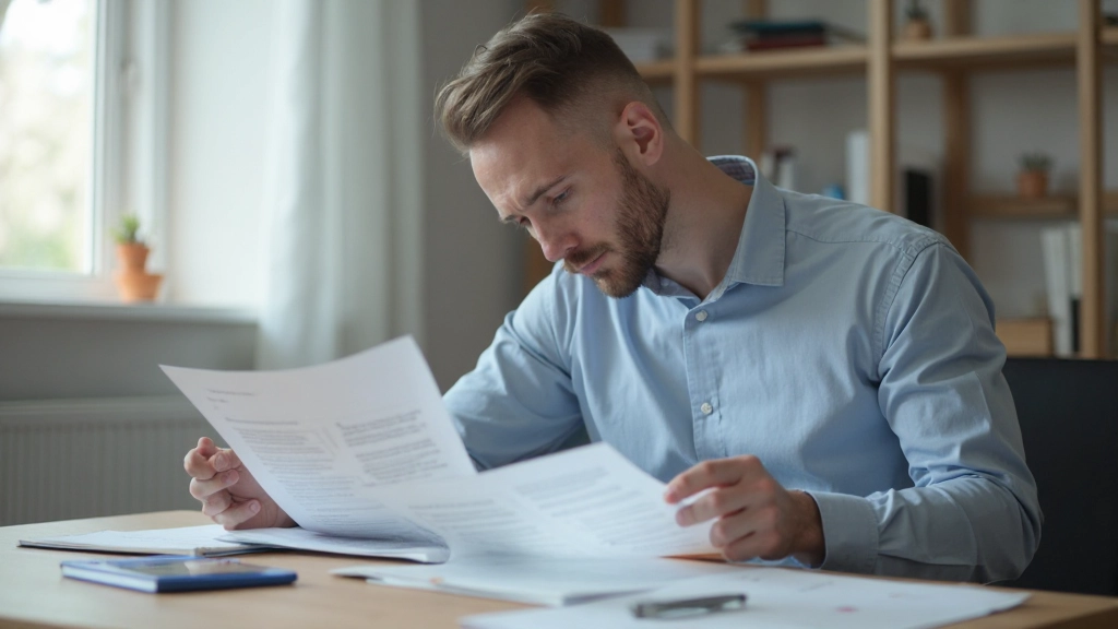 Человек читает документ с сосредоточенным выражением лица за деревянным столом