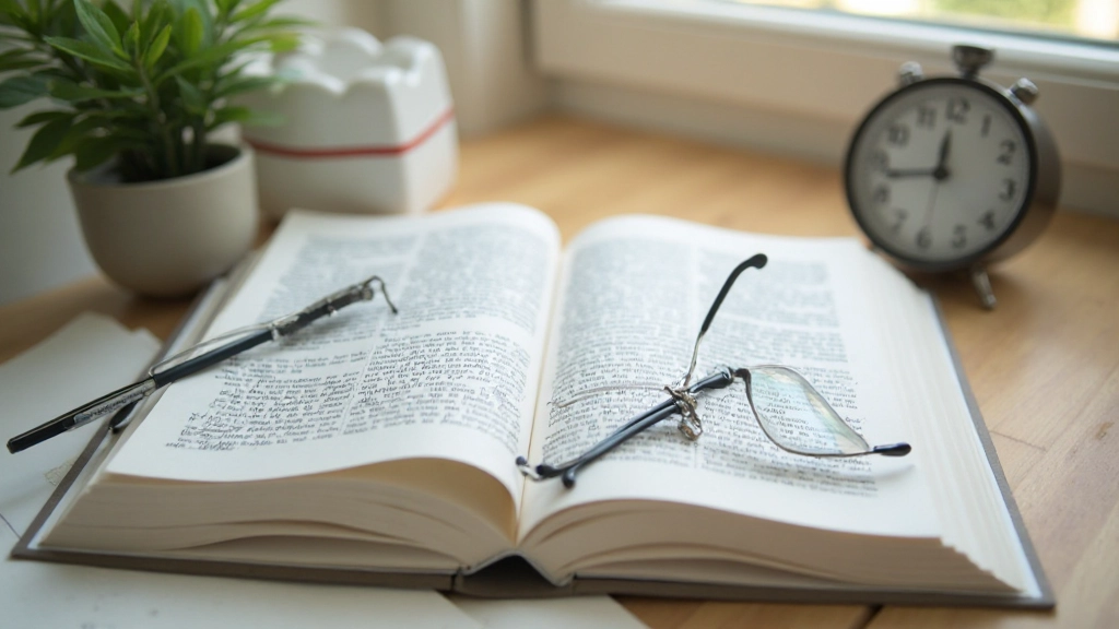 Профессиональное рабочее пространство с книгой и часами, иллюстрирующее метод скоростного чтения